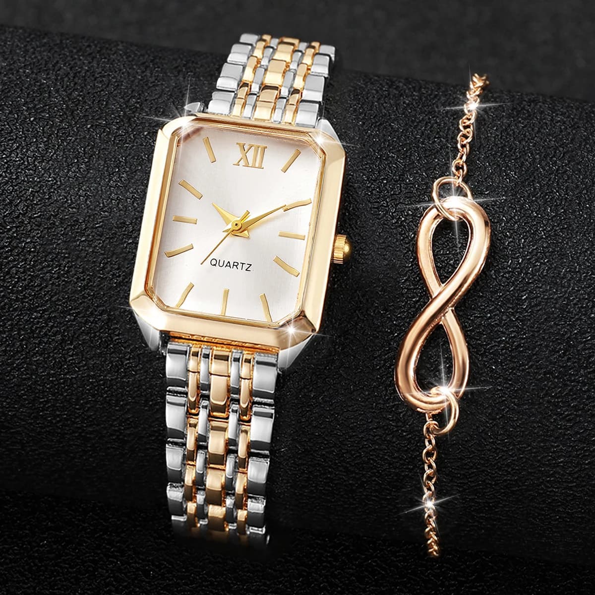 Set di 2 Orologi da Donna con Bracciale, Quadrante Romano, Orologio da Polso al Quarzo Rettangolare (Senza Scatola)