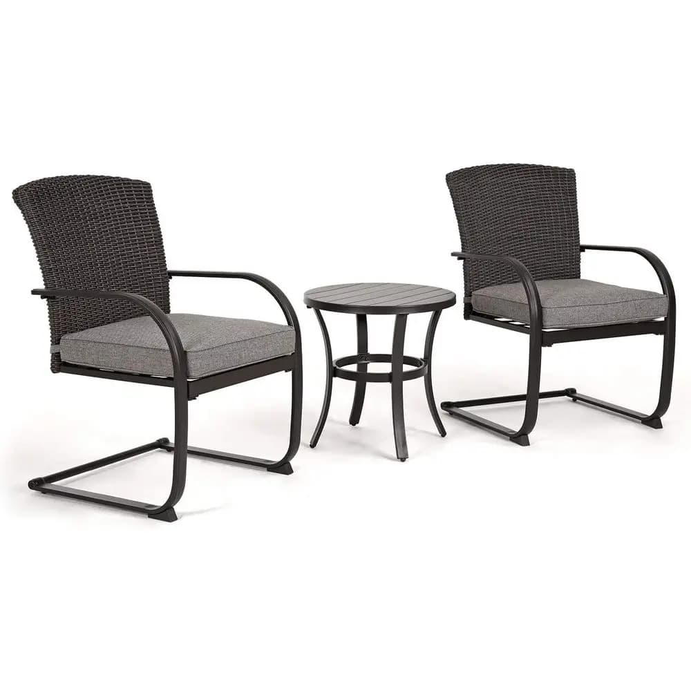 Set of grey 3-piece outdoor wicker with rocking chairs and removable cushions