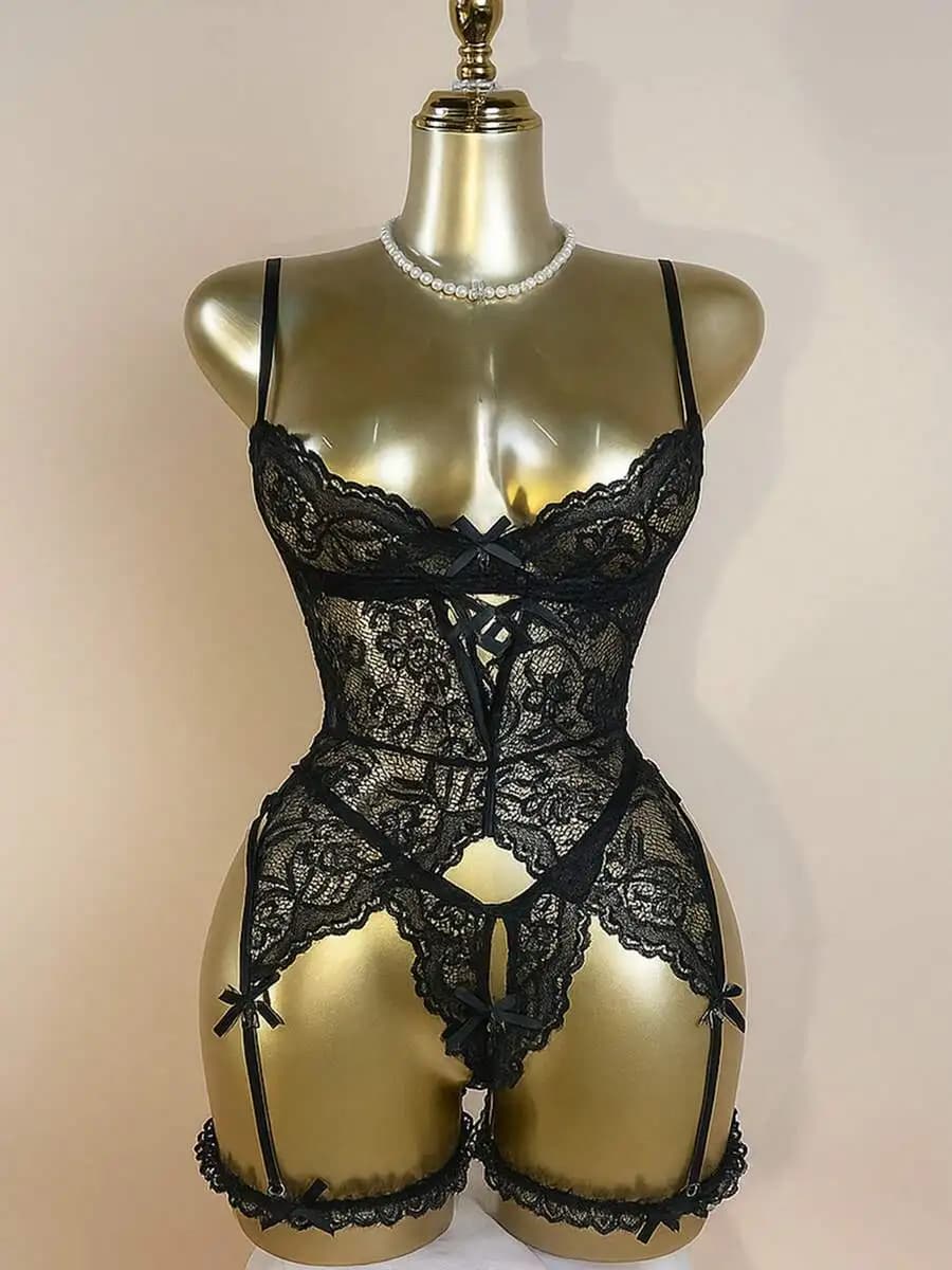 3 Pcs Women's Sexy Lingerie Set - Floral Lace Backless Nightgown With Garter Belt, Satin Bow & Ruffle Thigh Cuffs, V-Neck Bra &