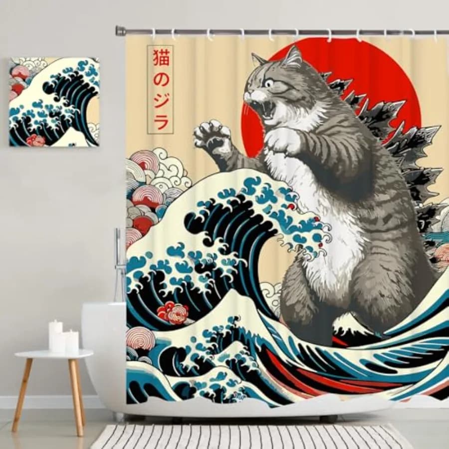 Funny Japanese Cat Shower Curtain, Vintage Cat Art Japan Anime Sunset Wave Waterproof Shower Curtain with Hooks, Animal Fabric