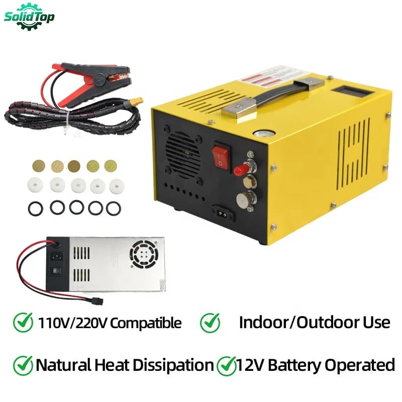Compressore PCP Portatile SolidTop Senza Olio 12V/110V/220V Alta Pressione 300Bar con Filtro per Bombole Subacquee e Gonfiaggio Pneumatici Auto