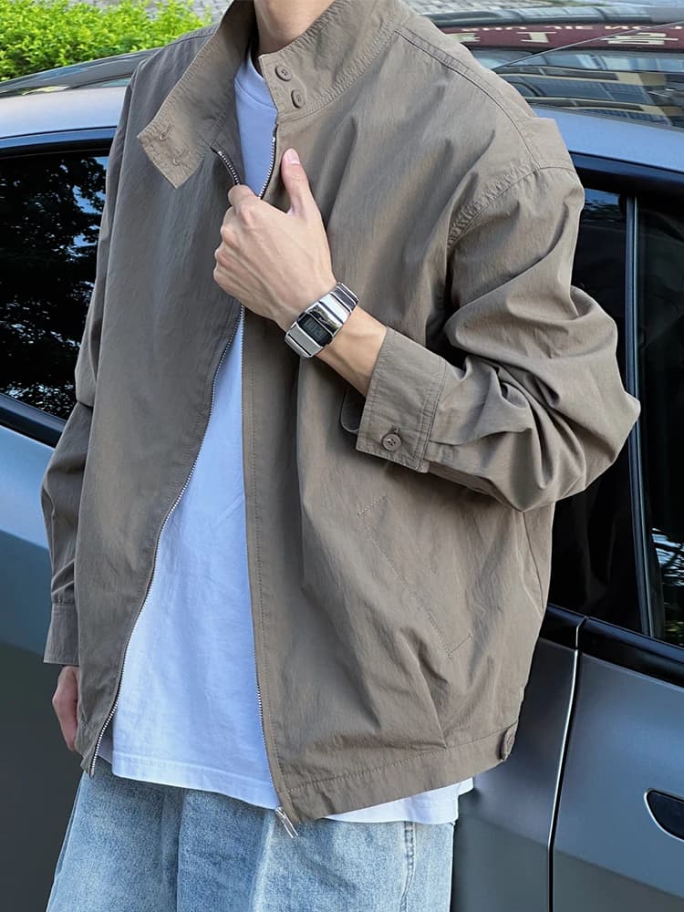 Giacca da Lavoro Corta da Uomo con Zip, Marrone, Collo Alto, Moda Autunnale, Stile Casual di Alta Gamma