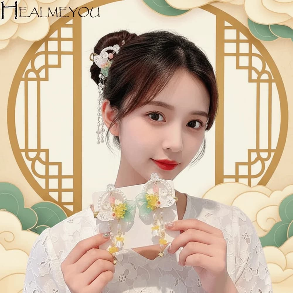 1 Pair Long Ribbon Hanfu Hair Clip Flowing Tassel Handmade Flower Rabbit Tassel Hairpin Metal Duckbill Clip Lightweight Comfort