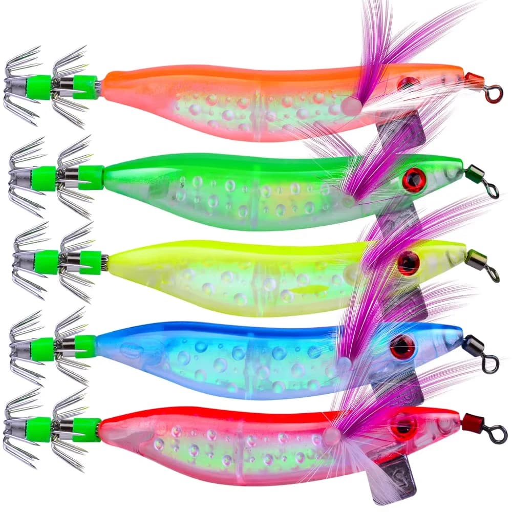 5 Pezzi/2.0 Esche Artificiali Luminose per Calamari, Totani e Polpi, 10CM-9.1g, in Legno, a Forma di Gambero, per la Pesca in Mare