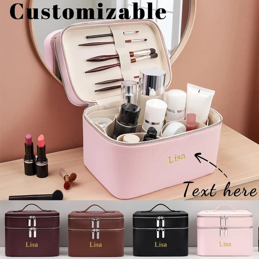 Borsa per trucco professionale portatile a doppio strato con nome personalizzato, kit di attrezzi per la cura della pelle, scatola di immagazzinaggio di bellezza, borsa per trucco multisparizione