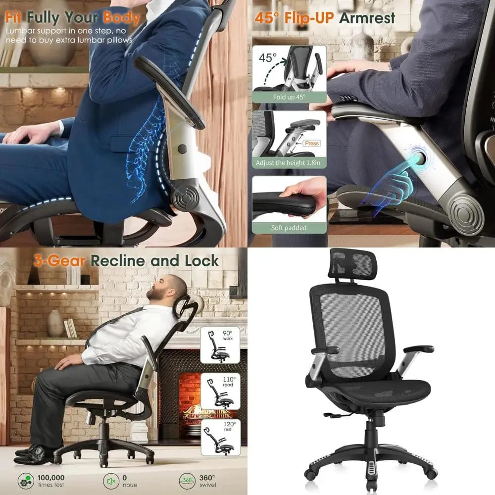 Sedia da scrivania ergonomica con schienale alto, braccioli regolabili, reclinabile e ampio cuscino per l'home office, adatta per uomini e donne, B