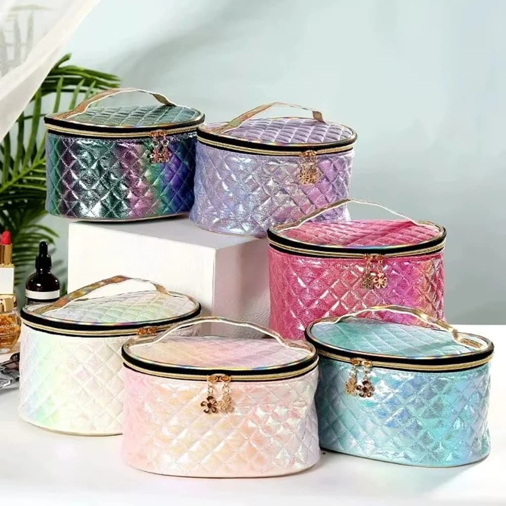 Borsa per cosmetici in PU iridescente laser, borsa da toilette da viaggio da donna, carina scatola per trucco impermeabile, borsa portaoggetti portatile da appendere