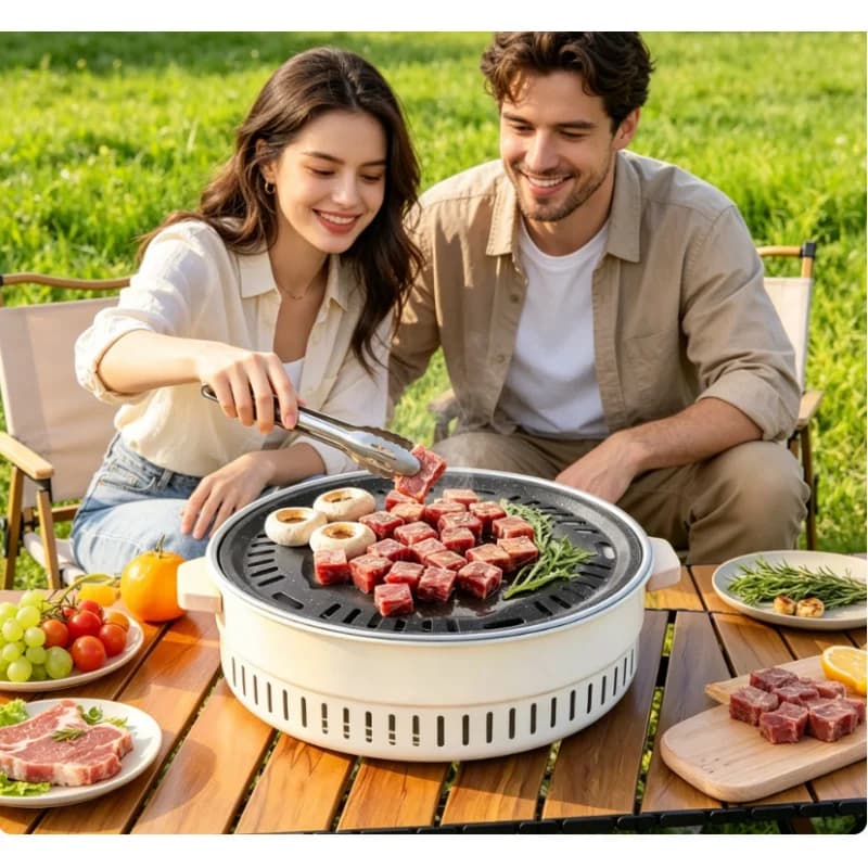 Griglia Barbecue Multifunzione Compatta Rotonda per Uso Domestico con Accessori Completi per Campeggio e Cucina all'Aperto
