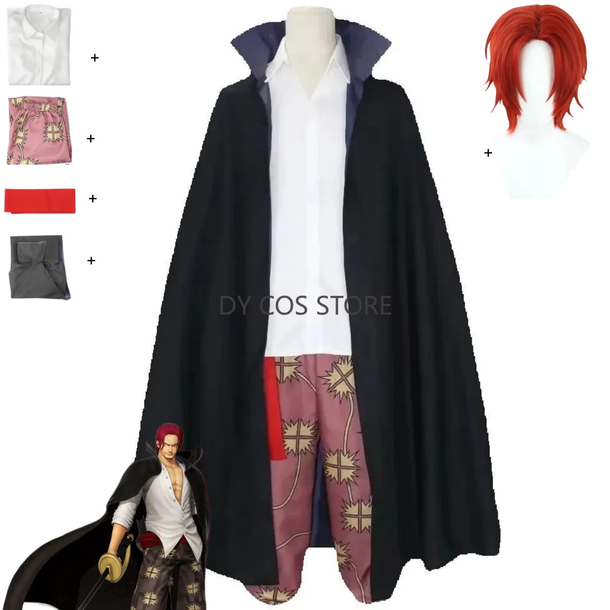 Anime Red Hair Shanks Costume Cosplay Quattro Imperatori Mantello nero Camicia Stampa Pantaloni Parrucca Uomo adulto Donna Abito di Halloween
