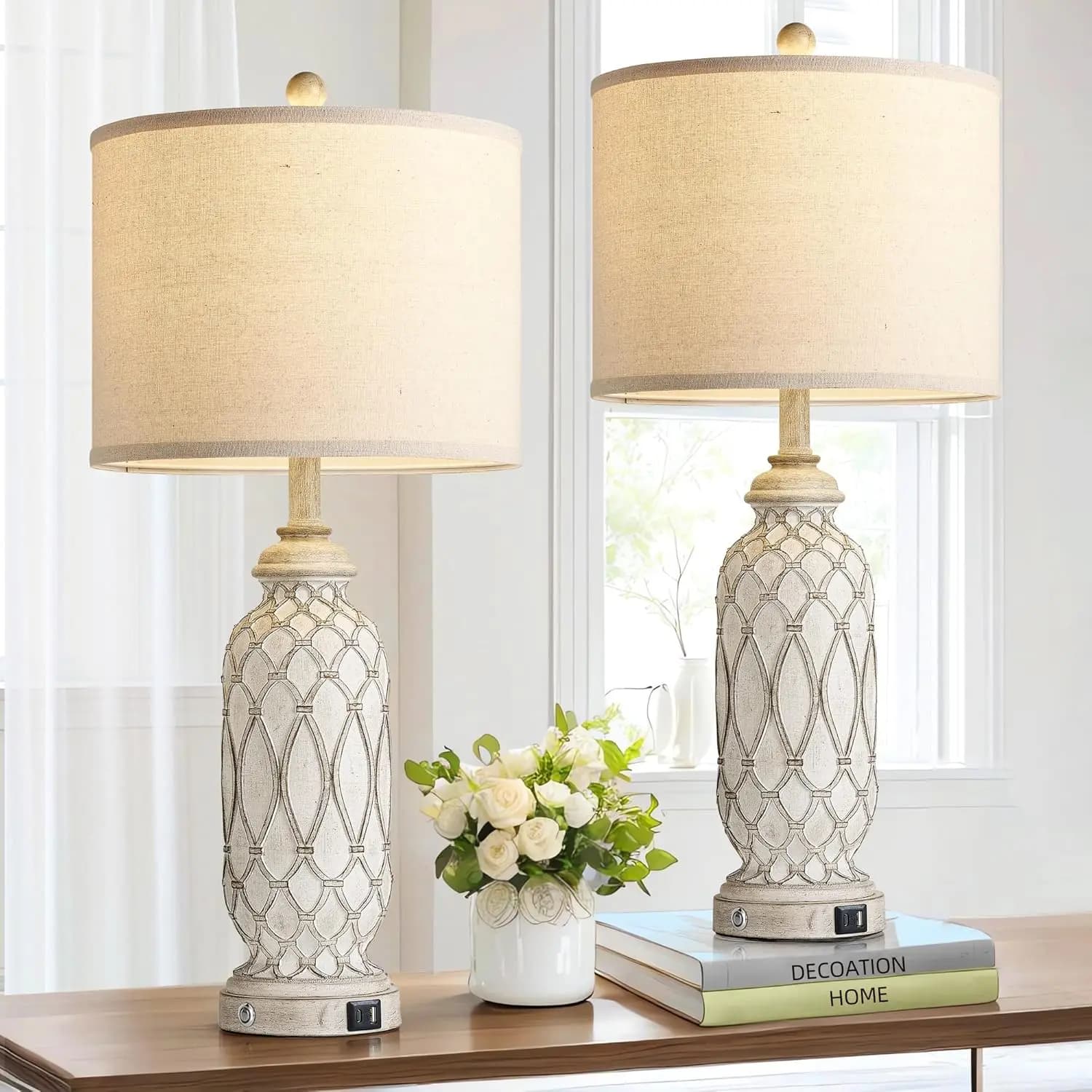 Set di 2 Lampade da Tavolo Rustiche con Porte USB, Controllo Touch Dimmerabile, Paralume in Lino e Lampadine Incluse