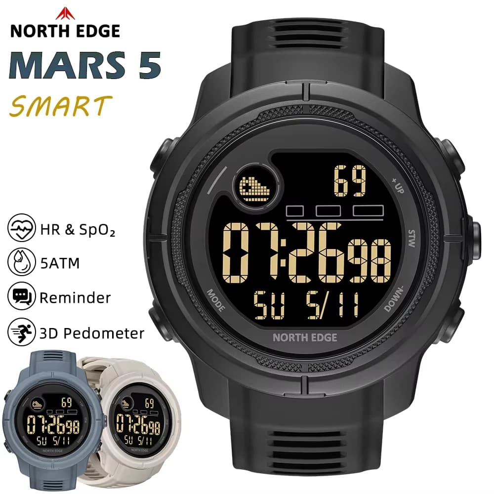 NORTH EDGE NUOVO MARS 5 Orologio digitale da uomo Sport militari all'aperto Orologi LED Impermeabile 50M HR e SpO2 Smartwatch per uomo Donna