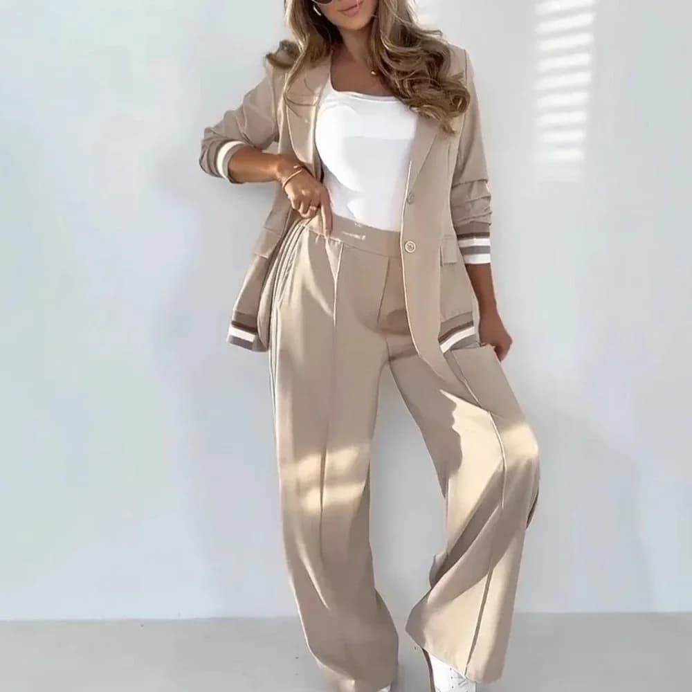Giacca da donna Set da 2 pezzi Cappotto blazer a righe Colletto rovesciato Pantaloni monopetto a gamba larga Ensemble Abiti da donna da ufficio