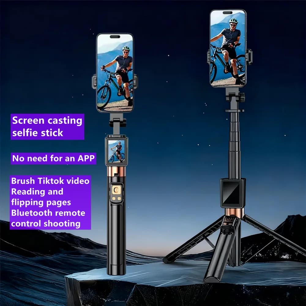 Wireless Selfie Stick Tripod Stand with Remote and Small Screen Casting Selfie Monitor for Smartphone Selfie Live Streaming