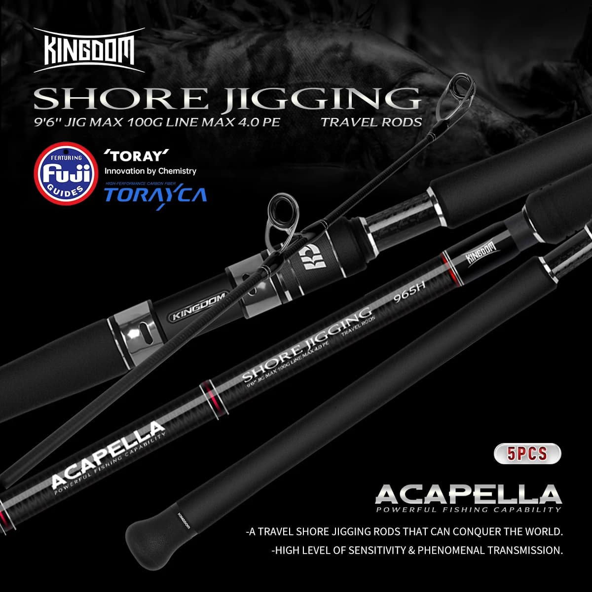 Kingdom Acapella Travel Shore Fishing Rod 2.9m 3.3m Fuji Set Spinning Rods Lure 100g Portable 5-Sections Jigging Popping Rod