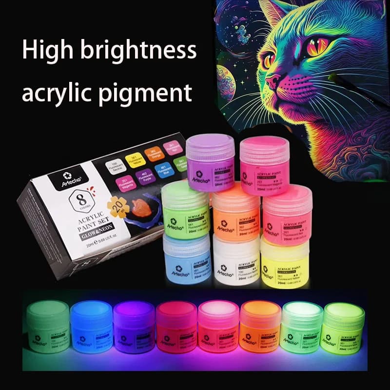 Pigmento che si illumina al buio Set da 8 colori Vernice a base d'acqua da 20 ml Graffiti dipinti a mano Borsa fai da te Scarpe Abbigliamento Pigmento per l'abbigliamento Nightglow