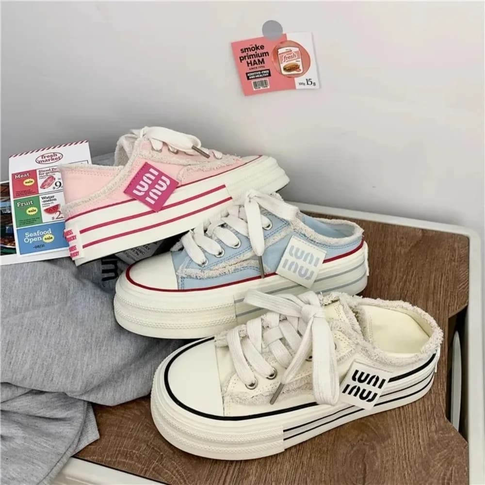 Nuove Scarpe Casual con Plateau Rialzato in Tela da Donna, Sneakers Bianche con Plateau, Ciabatte Slip-on, Sandali Vulcanizzati