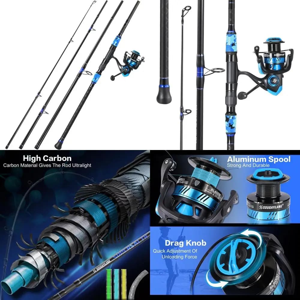 Set di 4 Canne da Pesca Spinning per Acqua Salata di Media Pesantezza, 12-15 Piedi con Mulinello Taglia 5000