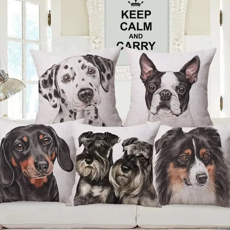 Hand Painting Dog Poster Cushion Cover, Shepherd Boston Bulldog Dalmatian Chihuahua Print Polyester Pillow for Sofa Bedroom Home
