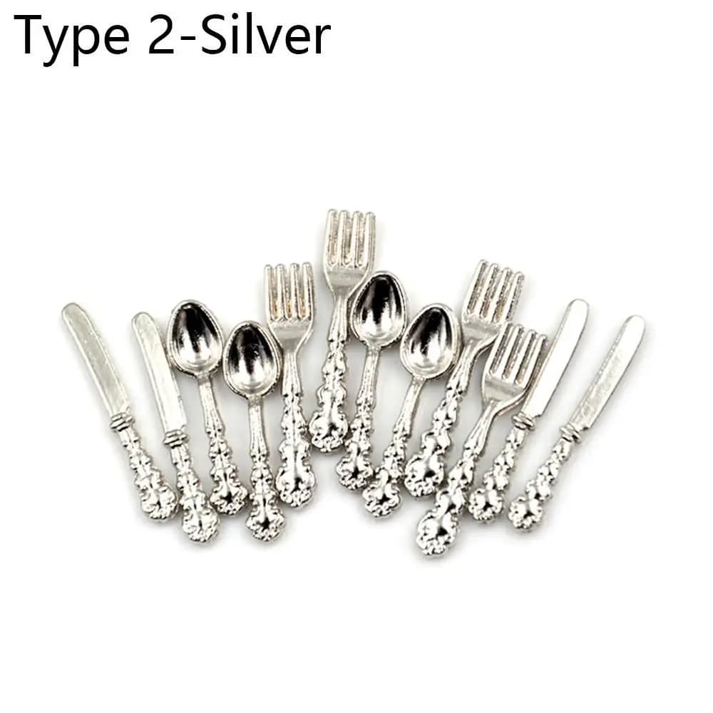 12PCS Metal Kitchen Dollhouse Furniture Accessory Simulation Mini Cutlery Miniature Cookware Fork Knife Spoon