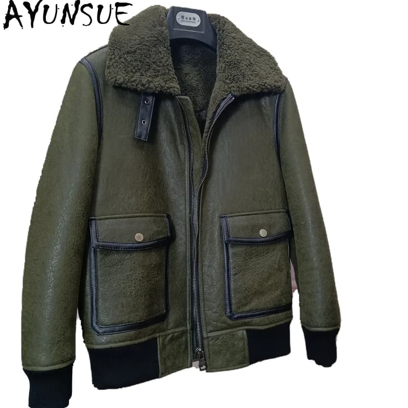 AYUNSUE Caldo Cappotto di Pelliccia Naturale Da Uomo Inverno Casual Genuino di Pelle di Pecora Giubbotti di Pelle Uomo Moda Cappotti di Pelliccia Verde Abbigliamento Maschile 2025