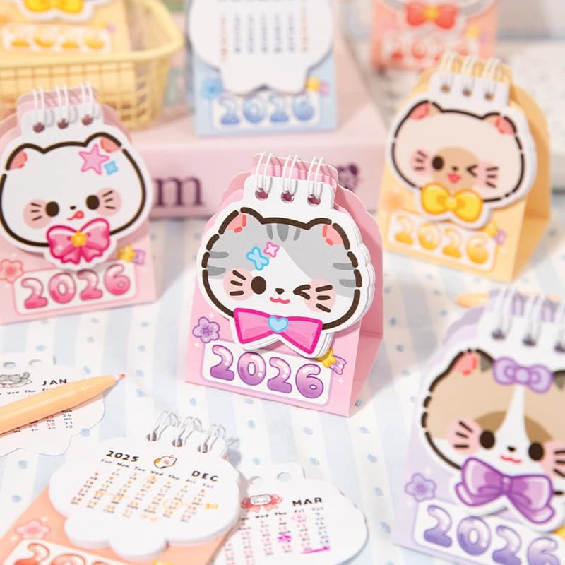 【Pace】Mini calendario da tavolo portatile 2026 Simpatico calendario a spirale a forma di gatto Libro Agenda giornaliera Organizzatore Gestione del tempo Ritorno a scuola