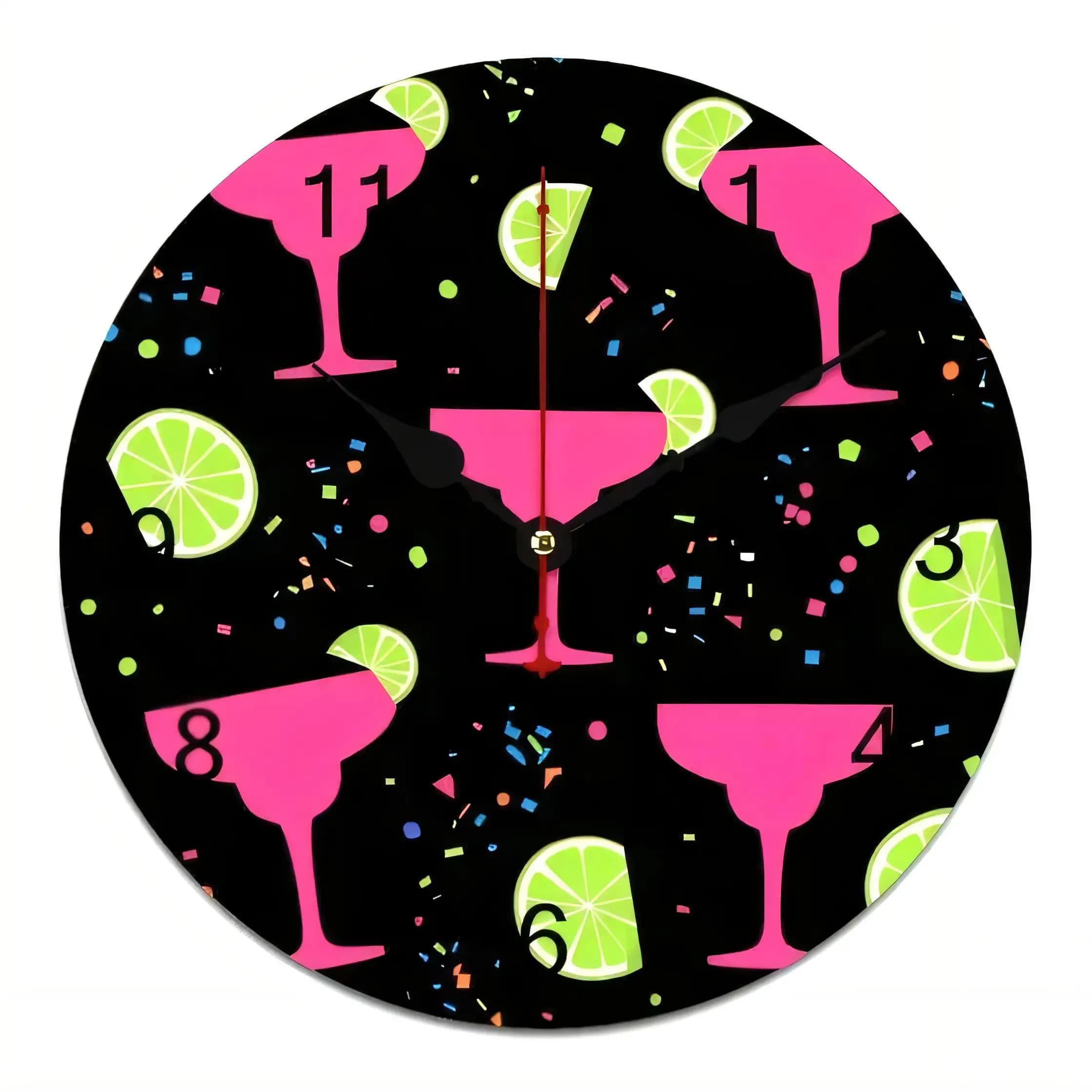 Party Theme Wall Clock Black Background Pink Margarita Glasses Lime Confetti Silent Non Ticking Battery Operated Home Decor