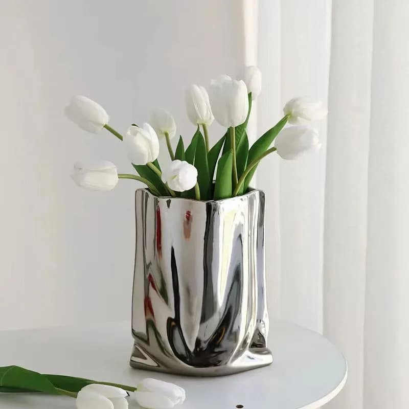 Silver Ruffled Flower Vase Ceramic Porcelain Flower Arrangement Decoration Bag Shape Terrarium Home Decorate Vases Flowerpots
