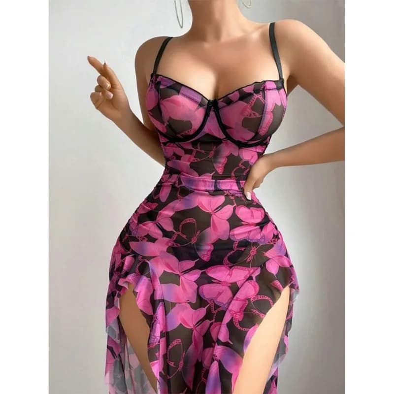Set pigiama prospettiva sexy da donna europea americana seduzione abito lungo stampa camicie da notte antirughe sesso spezie bretella