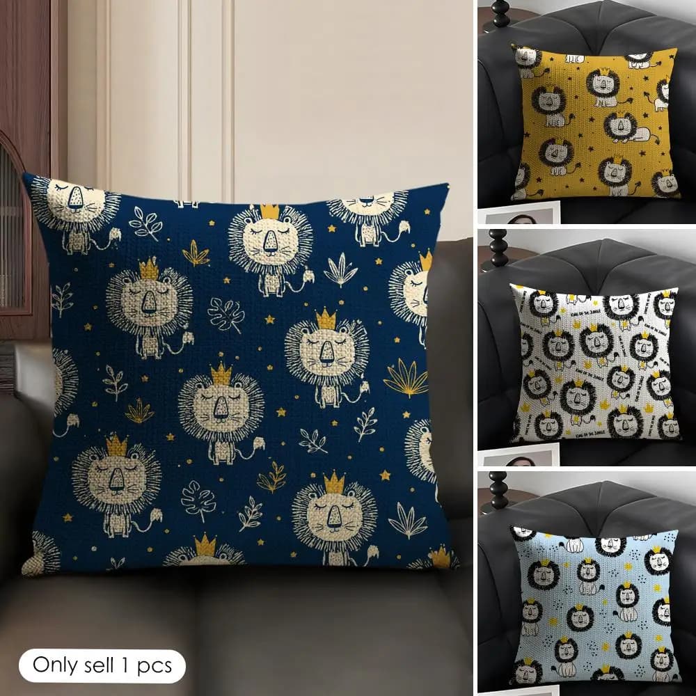 Cute Crown Lion Cushion Cover Linen Organic Fabric Double-Sided Printing Sofa Breathable Home Decor Gift Pillow Case