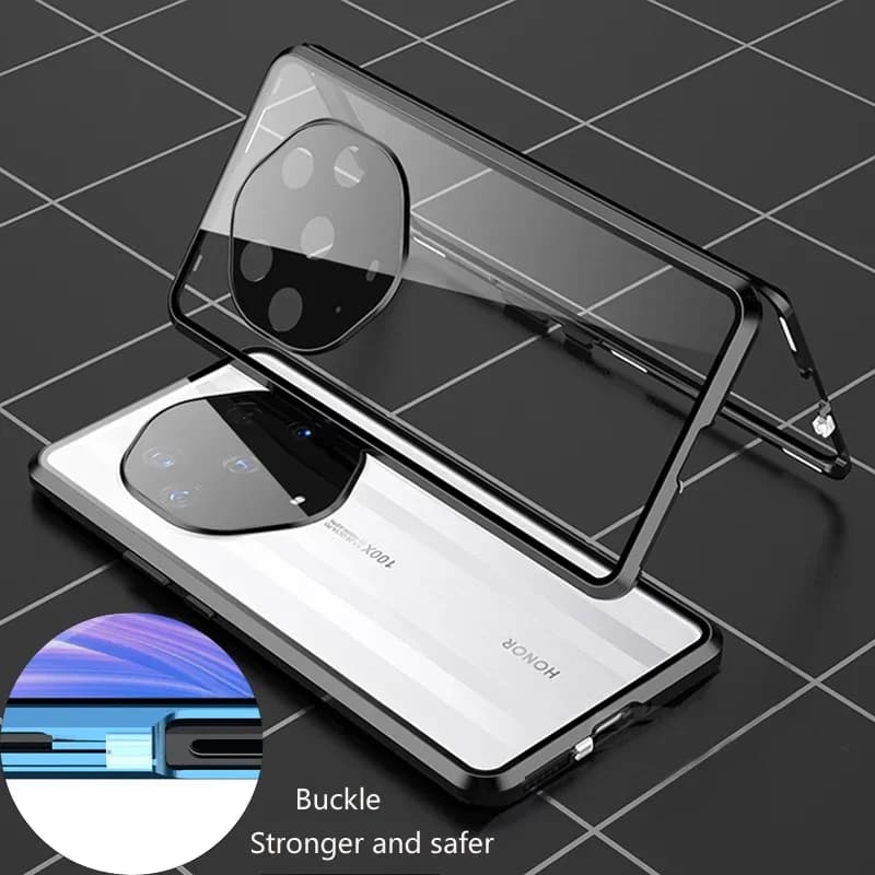 Custodia Protettiva in Metallo con Chiusura a Scatto e Vetro Bifacciale per Honor X7D X9D X9C Smart X5 Plus X6S X9A X7A X7C X9b X8A 5G