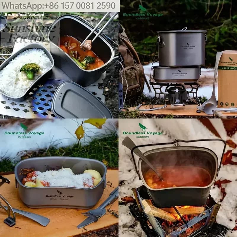 Pure Titanium Lightweight Folding Handle Outdoor Cookware Set 2-in-1 Pot Camping Steamer Lunch Box Frying Pan Uncoated 1500ml