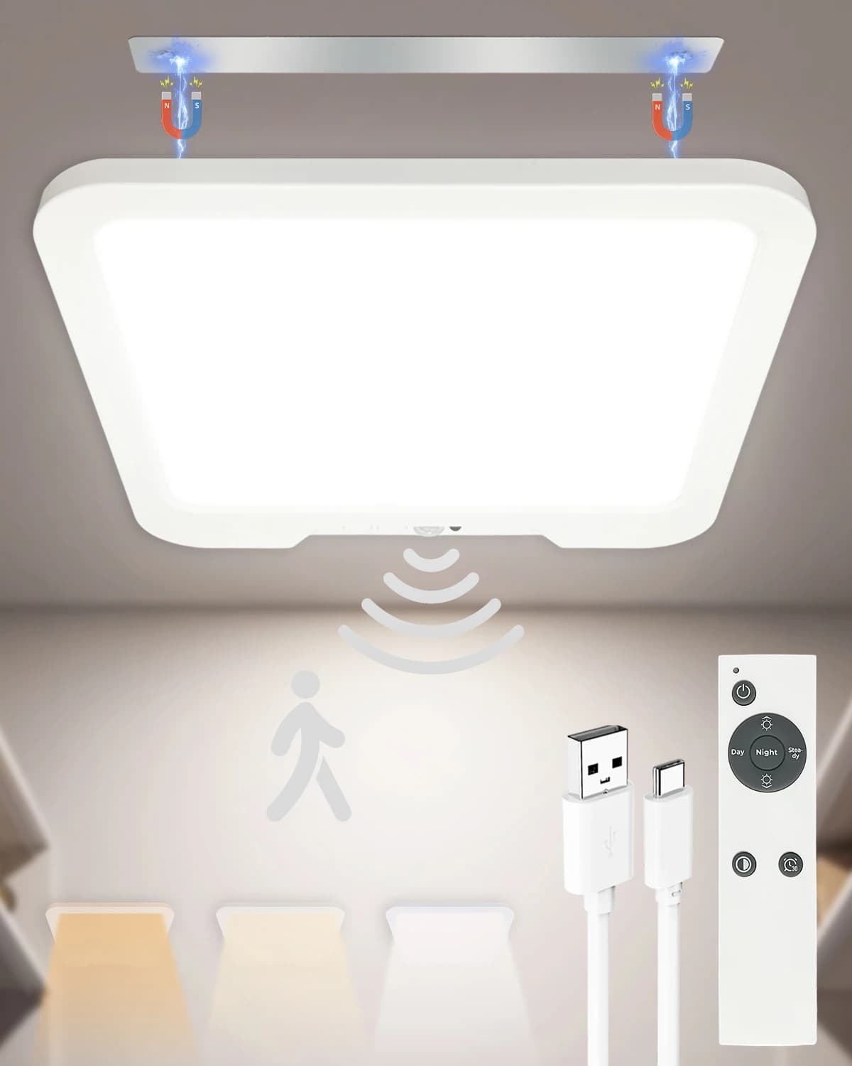 Lampada da Soffitto a 3 Colori Ricaricabile, Dimmerabile con Telecomando, Timer, LED Wireless Ultrasottile con Sensore di Movimento