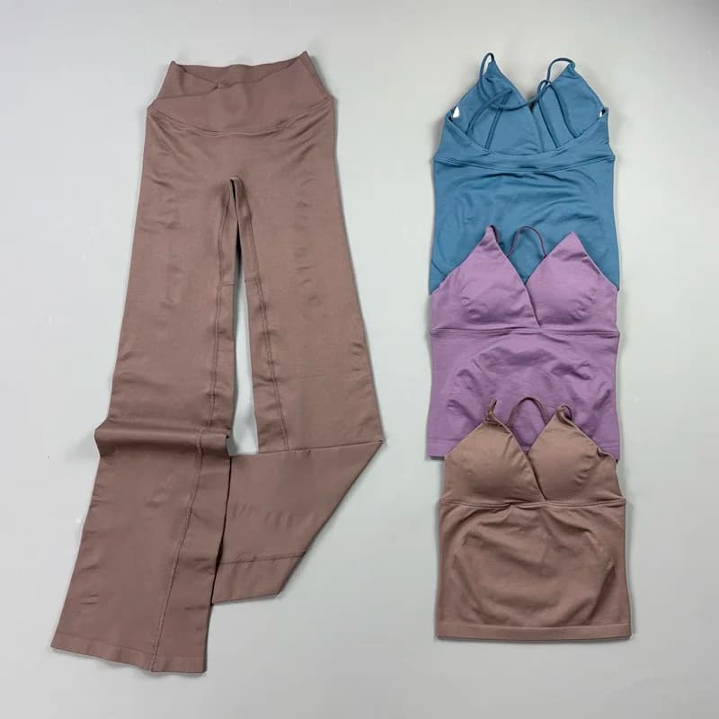 2Pcs Women Seamless Yoga Workout Sets Thin Strap Tank Top Cross Waist Flare Hip Shaping Leggings Gym Running Pilates Sport Suit