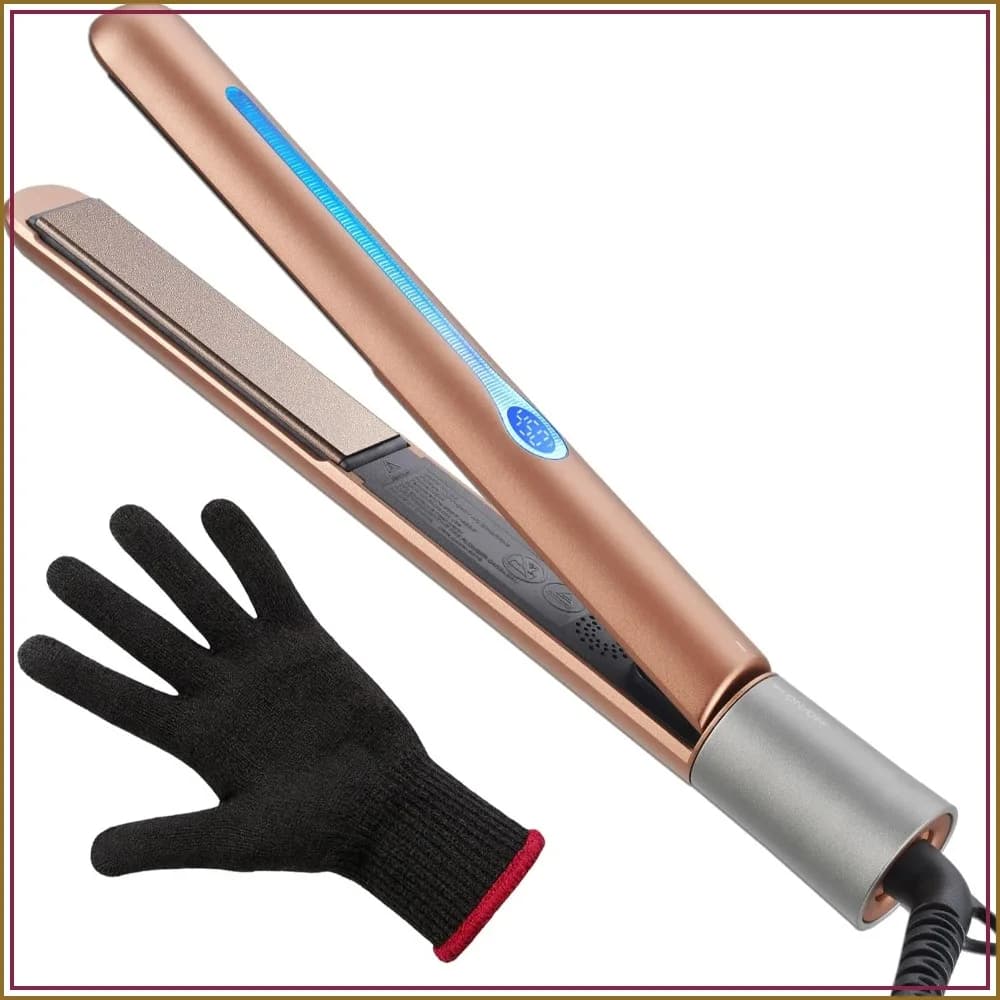 Ceramic Tourmaline Hair Straightener LCD Flat Iron 10s Fast Heating 1" Smooth 3D Floating Plate Dual Voltage Travel with Heat-Proof Glove