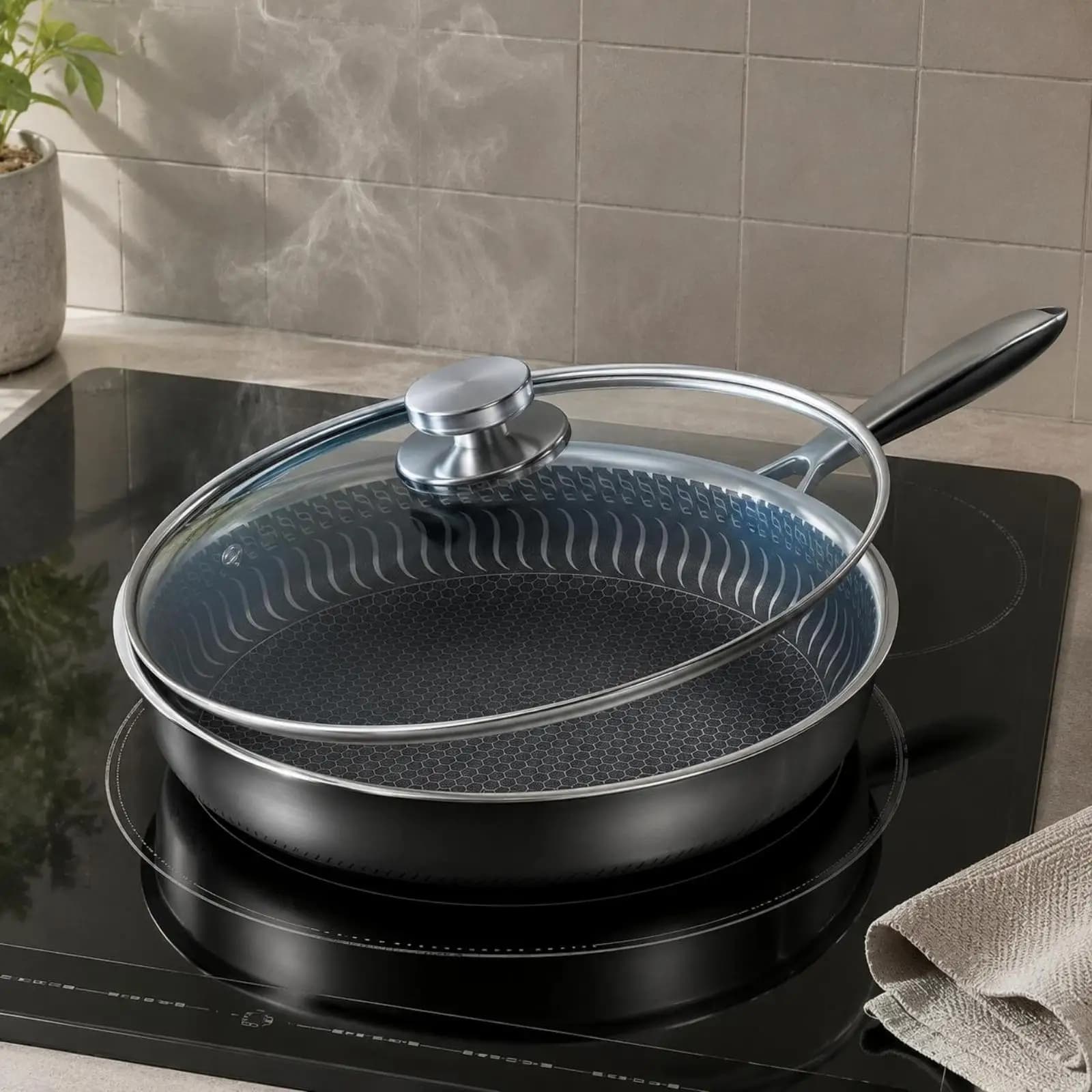 Frying pan with lid (lid included), stainless steel, long handle, deep frying