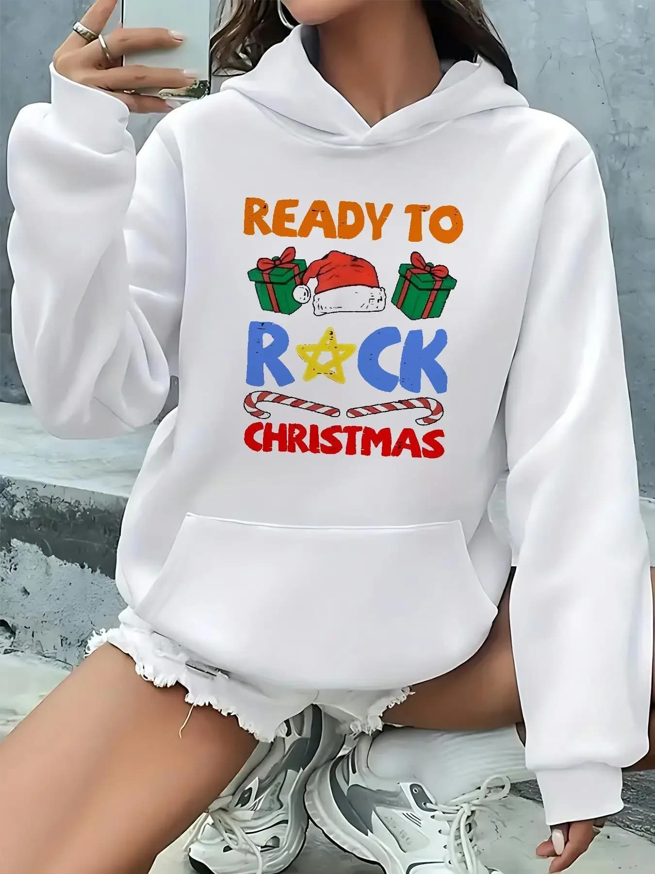 [Qqdx] Felpa con cappuccio da donna a tema natalizio Pullover casual a maniche lunghe per felpa con cappuccio da indossare casual autunno e inverno