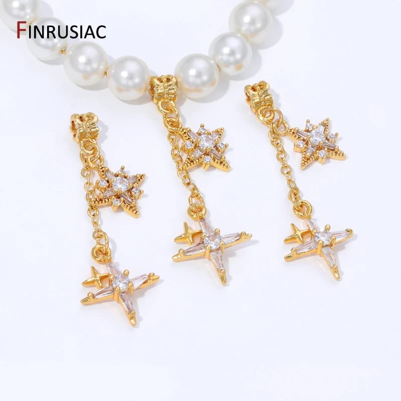 Ciondoli in ottone placcato oro 18 carati con zirconi e perline a foro largo, ciondolo a stella per la creazione di braccialetti, accessori fai da te per gioielli