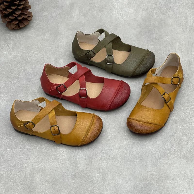 Women Original Handmade Genuine Cow Leather Belt Buckle Flat Shoes Retro Round Toe Cross Strap Mary Janes Casual Comfort Pumps