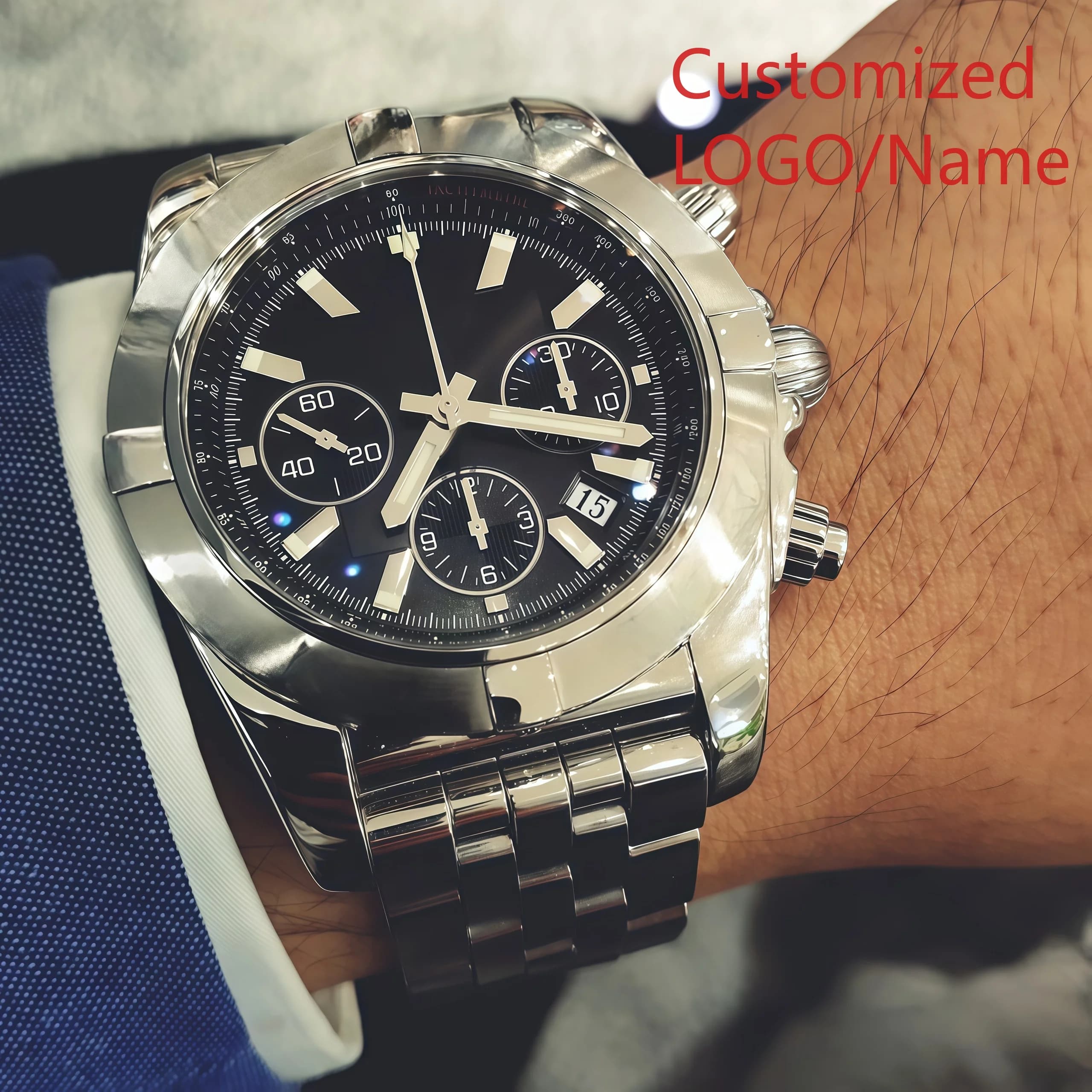 A182 Store 46mm Men's Quartz Chronograph, Aviation Pilot Style, Stainless Steel Customized Watches