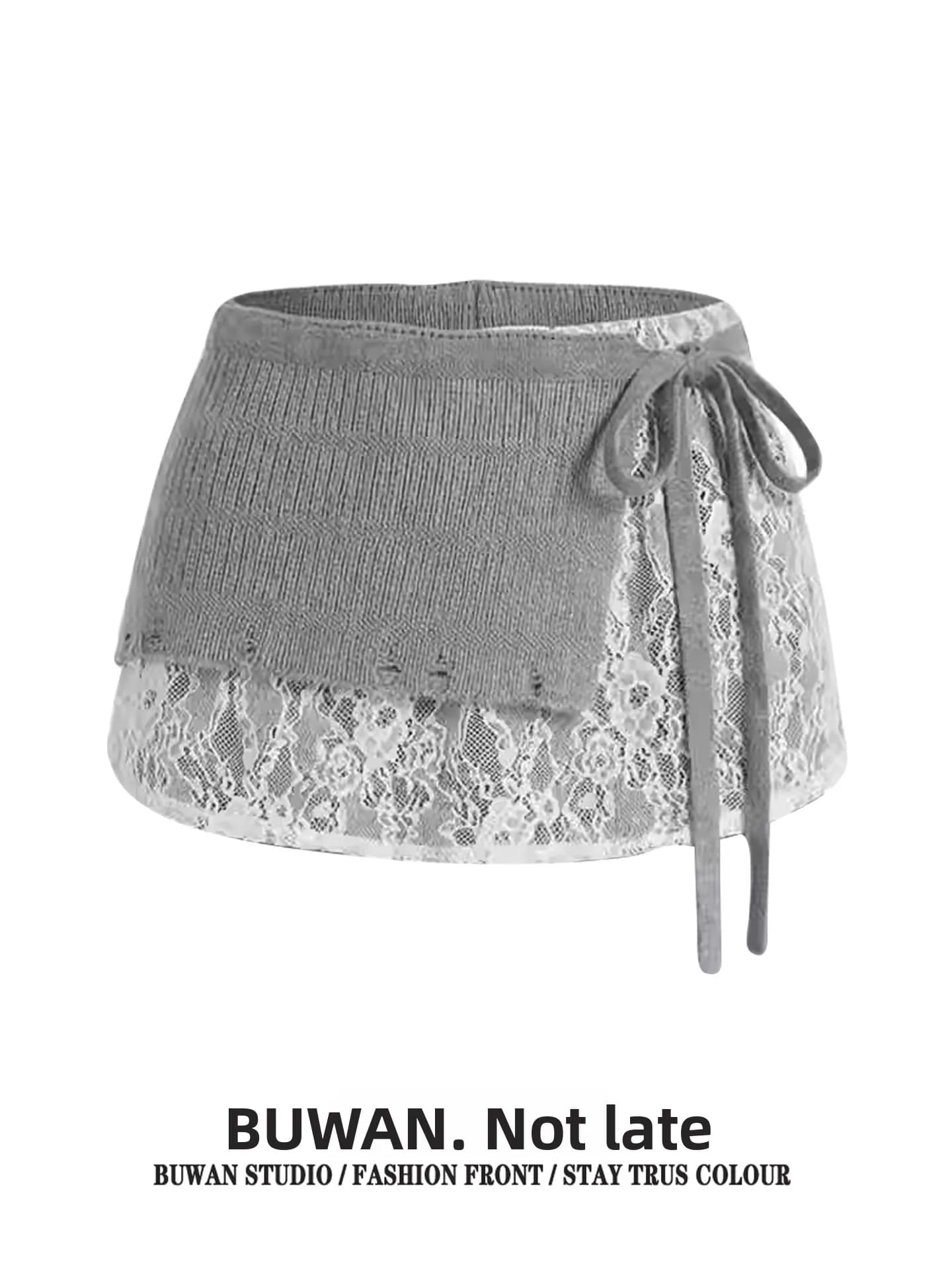 Korean Style Grey Knitted Lace Half Skirt with Belt High Waist A-Line Spring Summer Fashionable Layered One-Piece Skirt