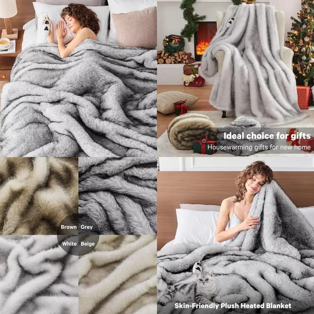 Coperta elettrica di lusso in pelliccia sintetica 50x60 con 10 impostazioni di calore e spegnimento automatico di 8 ore, perfetta per un calore invernale accogliente in grigio