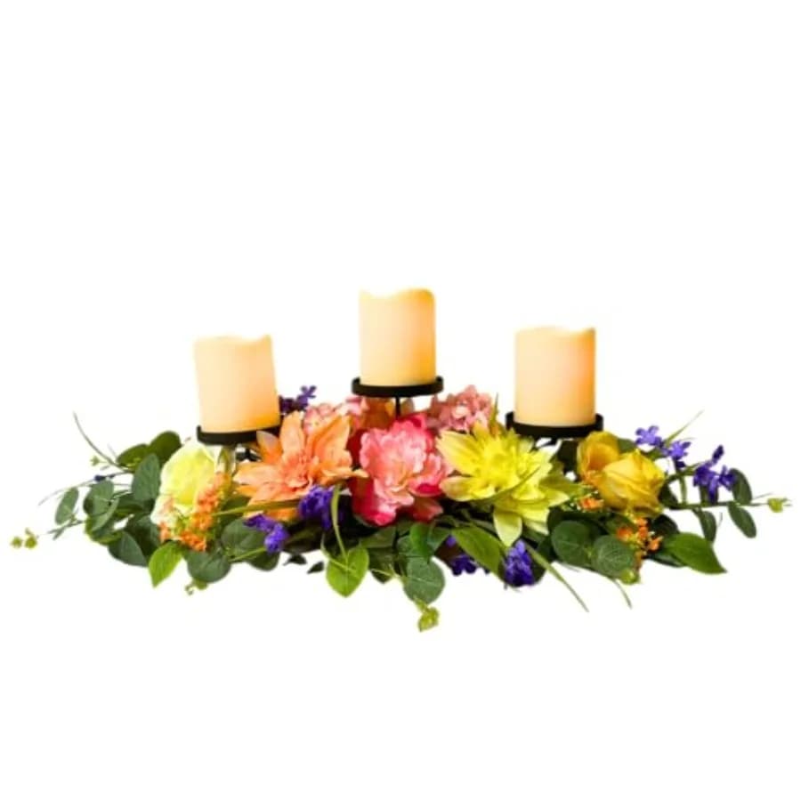 Portacandele Primaverili ed Estivi, Centrotavola con 3 Candele e Peonie Dahlia Pinnata e Rose per Decorazioni Primaverili e Pasquali