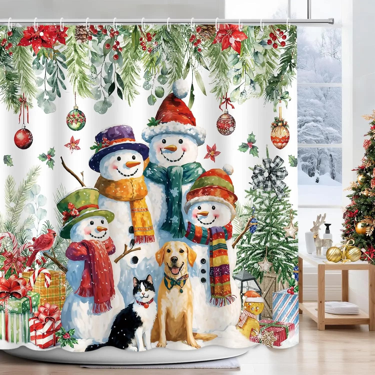 Tenda da doccia natalizia con pupazzo di neve, cane gatto eucalipto albero di Natale floreale decorazione per il bagno tenda da doccia, vacanza invernale felice
