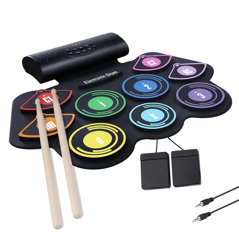 Kit di batteria elettrica per batteria elettrica in silicone addensato arrotolabile elettronico da 7 pad / 9 pad con bacchette e pedale di sostegno