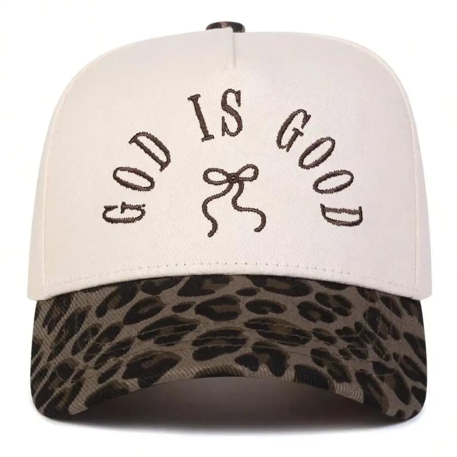 Cappellino da Baseball Bicolore con Ricamo 'God Is Good' e Motivo Leopardato, Regolabile, Protezione Solare, per il Tempo Libero