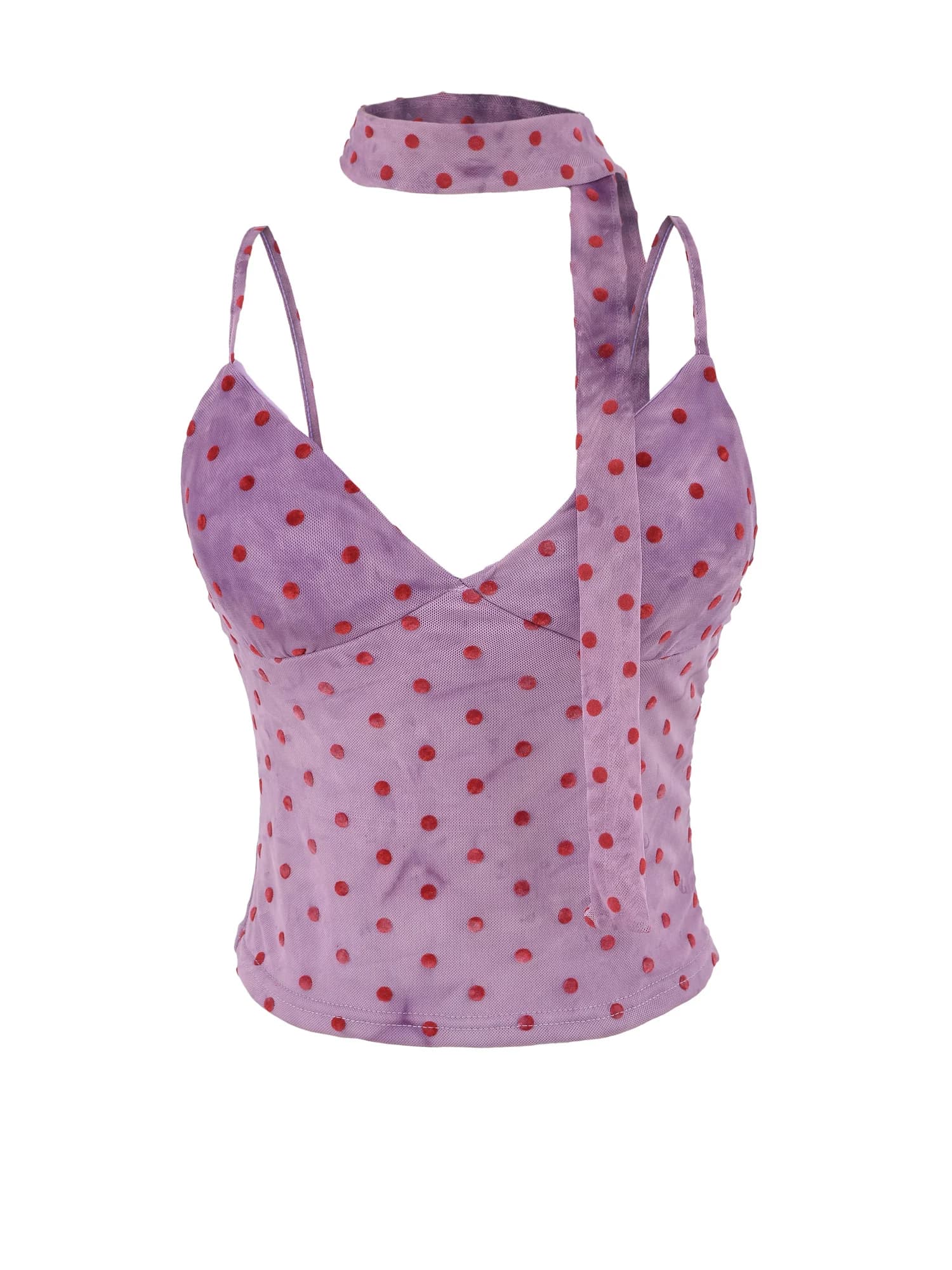 Sexy Slim Fit Polka Dot V Neck Strap Vest Women's Summer Top with Chest Pad Fluffy Belt Casual Quick Dry Polyester Fiber