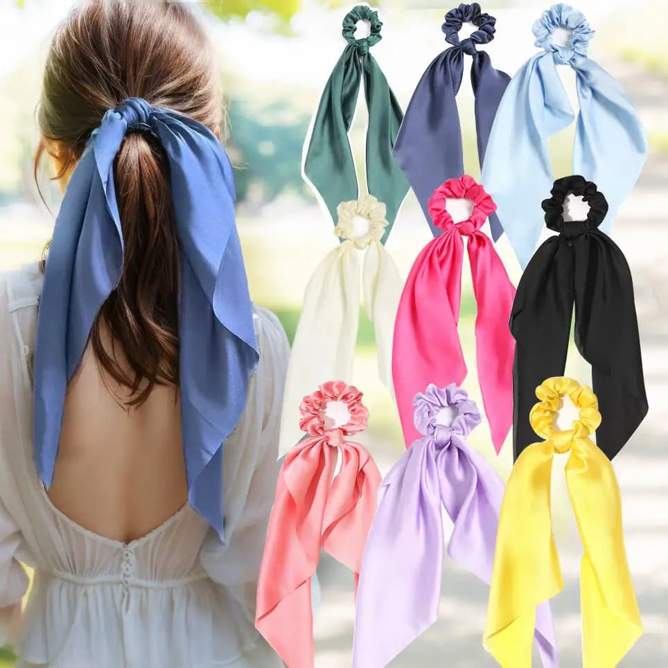 Fascia per capelli in raso tinta unita con fiocco lungo, sciarpa per coda di cavallo, elastici per capelli da donna e ragazza, accessori per capelli 2026