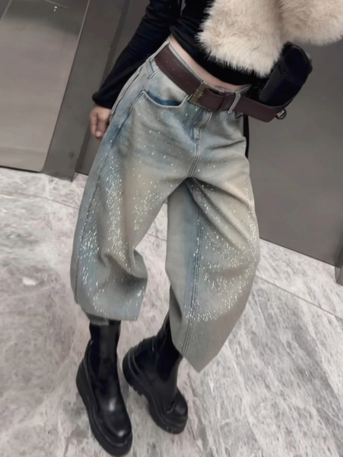 Jeans a Vita Alta con Fodera in Pile e Gamba Larga, Design Sensazionale con Strass, Stile Invernale, Pantaloni Slim Fit a Tutta Lunghezza