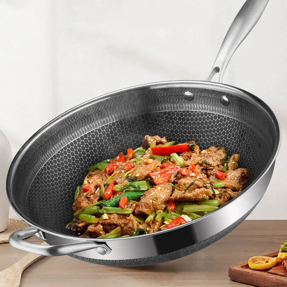 Padella Wok in Acciaio Inossidabile a Nido d'Ape con Doppio Manico Antiaderente Facile da Pulire per Cucina, Barbecue, Patatine Fritte, Gas
