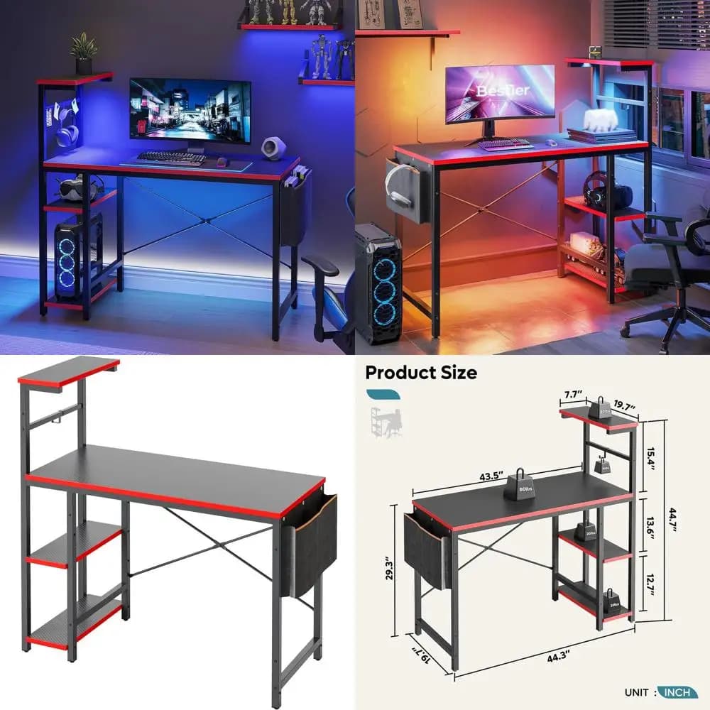 Scrivania da Gaming Compatta 44 con Illuminazione LED, Ripiani Reversibili e Tasca Laterale, Stile Fibra di Carbonio 3D Nera